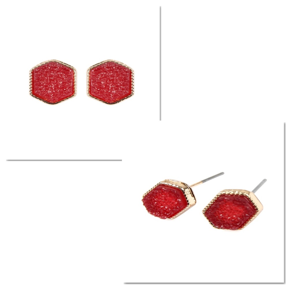 No. 3 Druzy Hexagon Post Earrings NWT Gold Red Studs